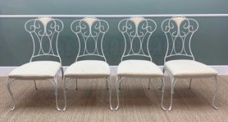 SET OF FOUR WROUGHT IRON & PAINTED METAL GARDEN CHAIRS, grey with cream detailing and spotted