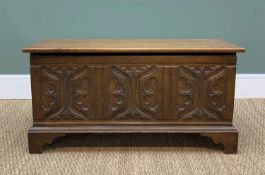 SMALL 20TH CENTURY OAK COFFER, carved front, bracket feet, 90 x 38 x 47cm h