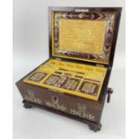 EARLY VICTORIAN MOTHER-OF-PEARL INLAID ROSEWOOD WORKBOX, quality tooled Morroco leather and mandarin