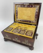 EARLY VICTORIAN MOTHER-OF-PEARL INLAID ROSEWOOD WORKBOX, quality tooled Morroco leather and mandarin