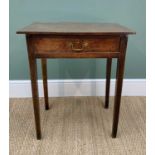 18TH CENTURY JOINED OAK SIDE TABLE, boarded top above single frieze drawer on tapering square