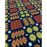 VINTAGE WELSH WOOLEN DERW TAPESTRY 'TIGER' BLANKET, reversible, geometric design, black ground