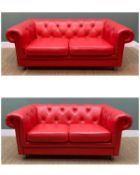 PAIR MODERN VICTORIAN-STYLE BRIGHT RED LEATHER UPHOLSTERED CHESTERFIELD SOFAS, on steel legs, 191cms