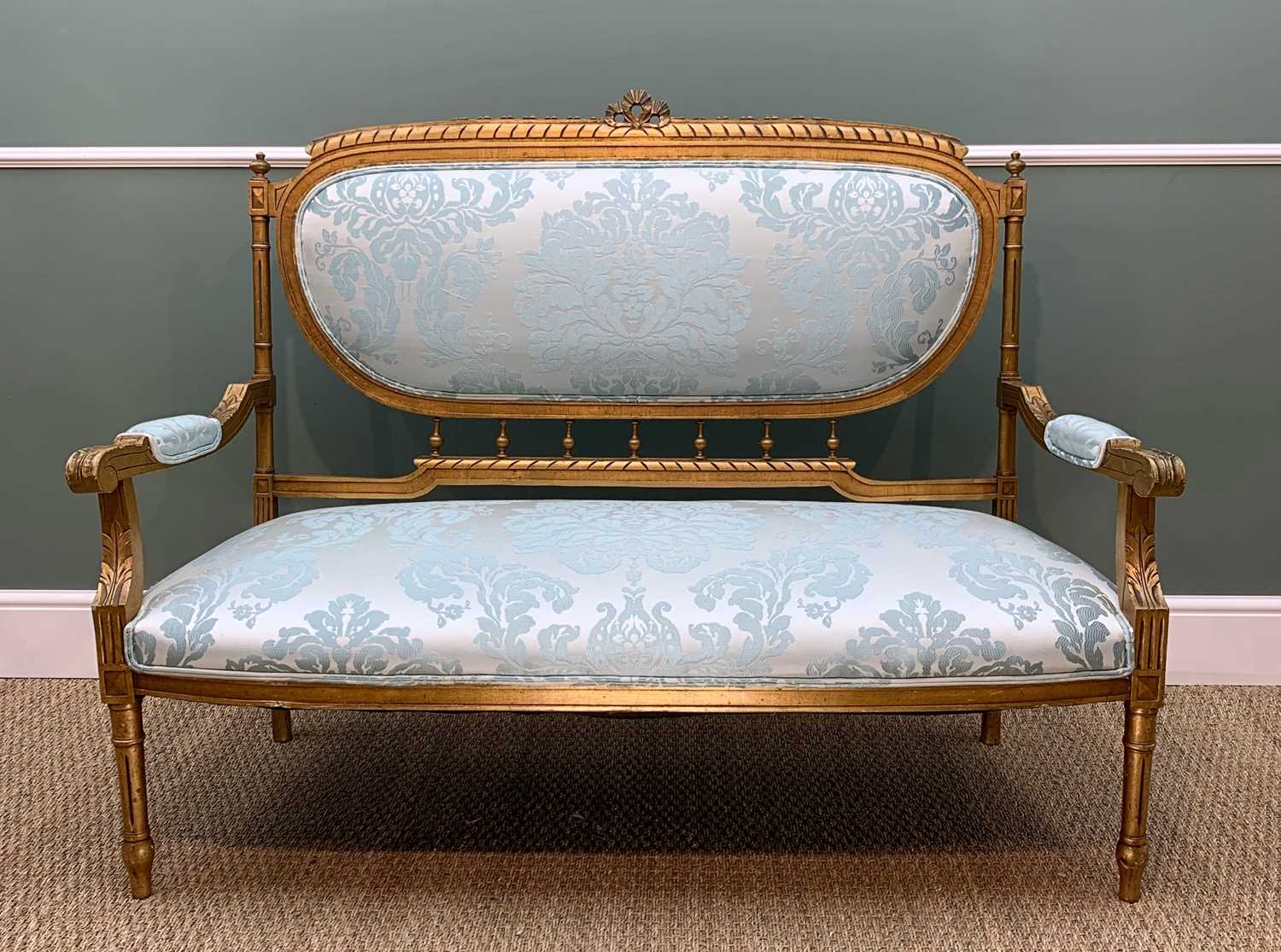 LOUIS XVI-STYLE GILTWOOD SALON SUITE, leaf carved arms and turquoise floral embroidered damask - Image 2 of 5