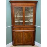 EARLY 19TH CENTURY WELSH MAHOGANY STANDING CORNER CABINET, angled cornice, astragal glazed doors,