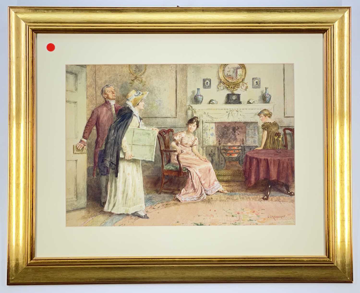 GEORGE KILBURNE RI RBA (1839-1924) watercolour- The Parcel, interior scene with figures in an