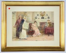 GEORGE KILBURNE RI RBA (1839-1924) watercolour- The Parcel, interior scene with figures in an