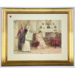 GEORGE KILBURNE RI RBA (1839-1924) watercolour- The Parcel, interior scene with figures in an