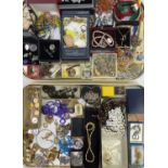 VINTAGE & LATER COSTUME JEWELLERY displayed on two trays including sets of rosary beads and other