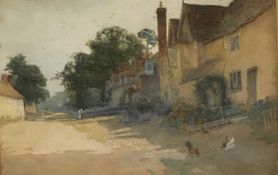 ARTHUR CLAUDE STRACHAN watercolour - rural scene with cottages, tavern, figure and poultry,