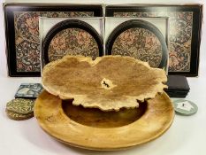 TWO LARGE NATURAL WOOD BOWLS and a quantity of boxed and loose table mats, 47cms across, 48cms