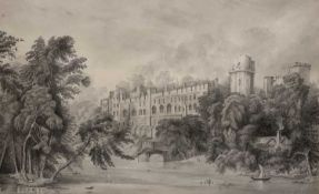 GEORGE EDWARD TURNER 1825 pencil drawing - Warwick Castle, see label verso, signed, 25 x 39cms