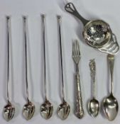 SMALL SILVER FLATWARE, 8 PIECES, to include a tea strainer, Birmingham 1934, makers mark RR,