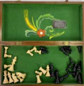 MID-CENTURY CHESS SET BOX - crossbanded to the edging with a boxwood and ebony chess set, the