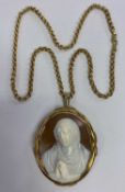 9CT GOLD BELCHER LINK NECKLACE with quality carved cameo oval pendant in an unmarked yellow metal