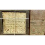 FRAMED NEEDLEWORK SAMPLERS (2) - both having indistinct names and dates, the smaller possibly