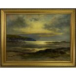 PETER GHENT RCA oil on board - rocky coastal scene with sunset to the background, signed, 38 x