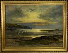 PETER GHENT RCA oil on board - rocky coastal scene with sunset to the background, signed, 38 x