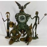 ROCOCO STYLE MANTLE CLOCK, and two pairs of similarly decorated metal figurines, the clock having