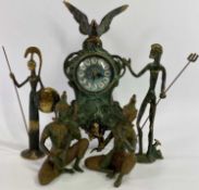 ROCOCO STYLE MANTLE CLOCK, and two pairs of similarly decorated metal figurines, the clock having