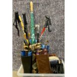 LEATHER & OTHER GOODS, floral painted stick stand and contents, the lot includes two pairs of