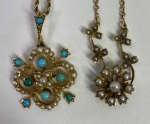 15CT GOLD VINTAGE SEED PEARL NECKLACE and a turquoise and seed pearl set pendant necklace in