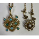 15CT GOLD VINTAGE SEED PEARL NECKLACE and a turquoise and seed pearl set pendant necklace in