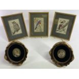 CASH'S FRAMED WOVEN SILKS OF BIRDS (3) and two portrait miniatures on paper, oval format in