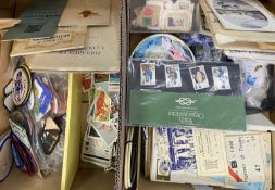 VINTAGE STAMPS, POSTCARDS & EPHEMERA ETC., within two boxes, along with three framed Bardsey