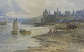 EMIL ALBERT KRAUSE watercolour - Conwy Castle and quay with fishermen, signed, 21 x 32cms