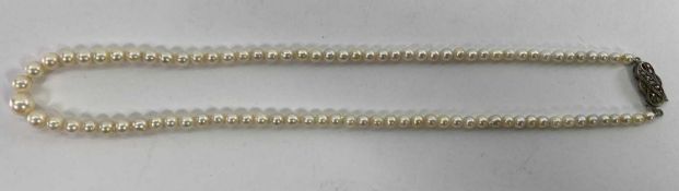 CULTURED SINGLE STRAND PEARL NECKLACE with sterling and marcasite clasp, 43.5cms L