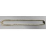 CULTURED SINGLE STRAND PEARL NECKLACE with sterling and marcasite clasp, 43.5cms L