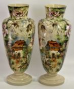VICTORIAN PAINTED MILK GLASS VASES, A PAIR - 47cms tall
