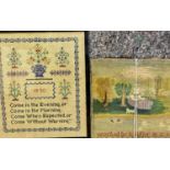 VINTAGE NEEDLEWORK PANELS (2) - one dated 1930 with floral depictions and verse, 41.5 x 35.5cms