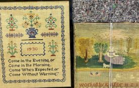 VINTAGE NEEDLEWORK PANELS (2) - one dated 1930 with floral depictions and verse, 41.5 x 35.5cms