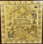 EARLY 19TH CENTURY NEEDLEWORK SAMPLER IN SILKS - by Sara Johnson, 1831, having a central verse