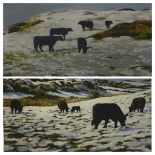 ANWEN ROBERTS coloured limited edition prints, a pair, (7/20) - scenes of Welsh black cattle in