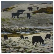 ANWEN ROBERTS coloured limited edition prints, a pair, (7/20) - scenes of Welsh black cattle in