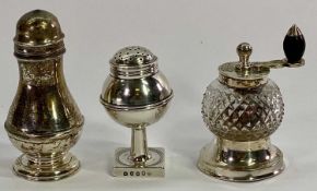 SILVER & SILVER MOUNTED CONDIMENT ITEMS x 3, to include a baluster form salt shaker, London 1920,