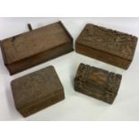 CARVED & OTHER WOODEN BOXES (4) - to include an Indian hardwood example showing African hunting