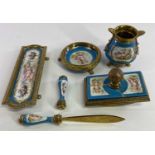 GILT ORMOLU MOUNTED FRENCH PORCELAIN DESK SET - 6 items, the porcelain all decorated with floral and