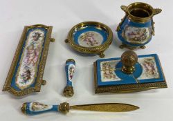 GILT ORMOLU MOUNTED FRENCH PORCELAIN DESK SET - 6 items, the porcelain all decorated with floral and
