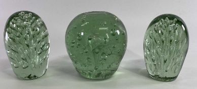 VICTORIAN GREEN GLASS DUMP PAPERWEIGHTS (3) - all having interior bubble decoration, 12cms H the