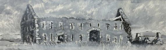 HUW JONES mixed media - study of the old Tythe Barn at Henblas, Bodorgan, Anglesey, signed verso, 34