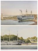 IEUAN WILLIAMS, Anglesey artist, watercolour - HMS Conwy with Menai Suspension Bridge to the