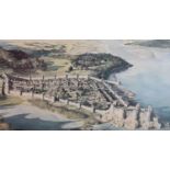PAINTINGS & PRINTS ASSORTMENT - 15 including aerial view of Conwy Castle and Walls, J BROUGHTON