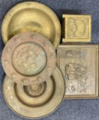 REPOUSSE BRASS ORNAMENTALWARE - 5 items to include a square planter with Art Nouveau decoration,