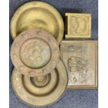 REPOUSSE BRASS ORNAMENTALWARE - 5 items to include a square planter with Art Nouveau decoration,