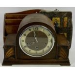 OAK CASED ART DECO MANTLE CLOCK, desktop letter rack and an antique style Byzantine wall hanging