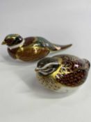 ROYAL CROWN DERBY PORCELAIN BIRD PAPERWEIGHTS (2) to include a woodland pheasant and a dappled